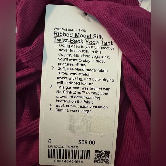NWT New LULULEMON Ribbed Modal Silk Twist Back Yoga Cut Out Tank Magenta MGPR 6 - Picture 7 of 7